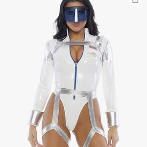 high cut vinyl bodysuit with harness and glasses S/M. Worn once